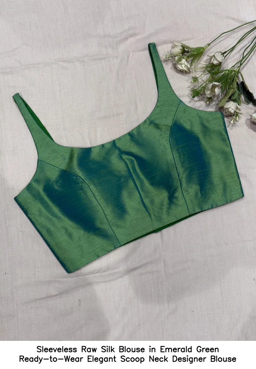 Sleeveless Raw Silk Blouse in Emerald Green – Ready-to-Wear Elegant Scoop Neck Designer Blouse 3