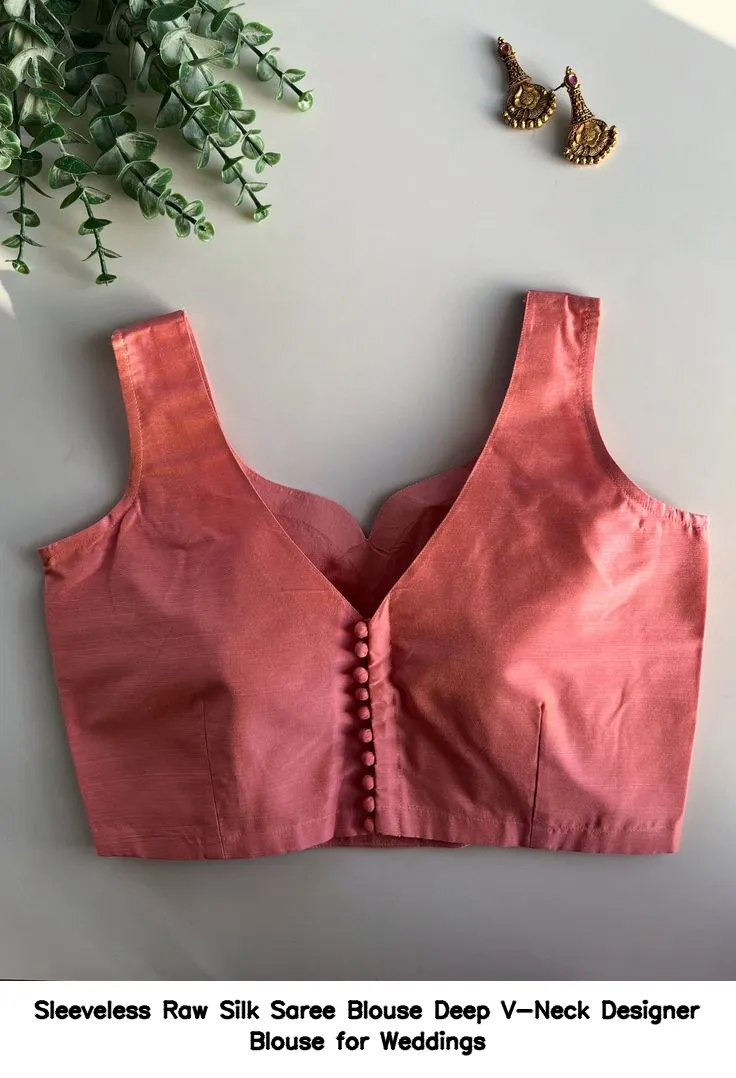 Sleeveless Raw Silk Saree Blouse – Deep V-Neck Designer Blouse for Weddings 2