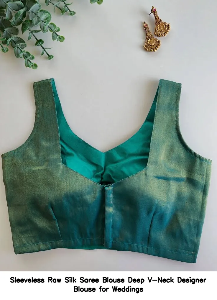 Sleeveless Raw Silk Saree Blouse – Deep V-Neck Designer Blouse for Weddings 3