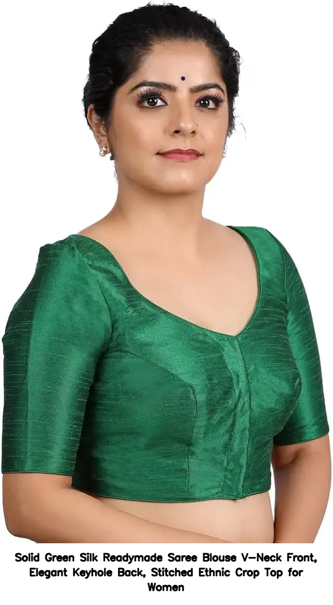 Solid Green Silk Readymade Saree Blouse – V-Neck Front, Elegant Keyhole Back, Stitched Ethnic Crop Top for Women 2