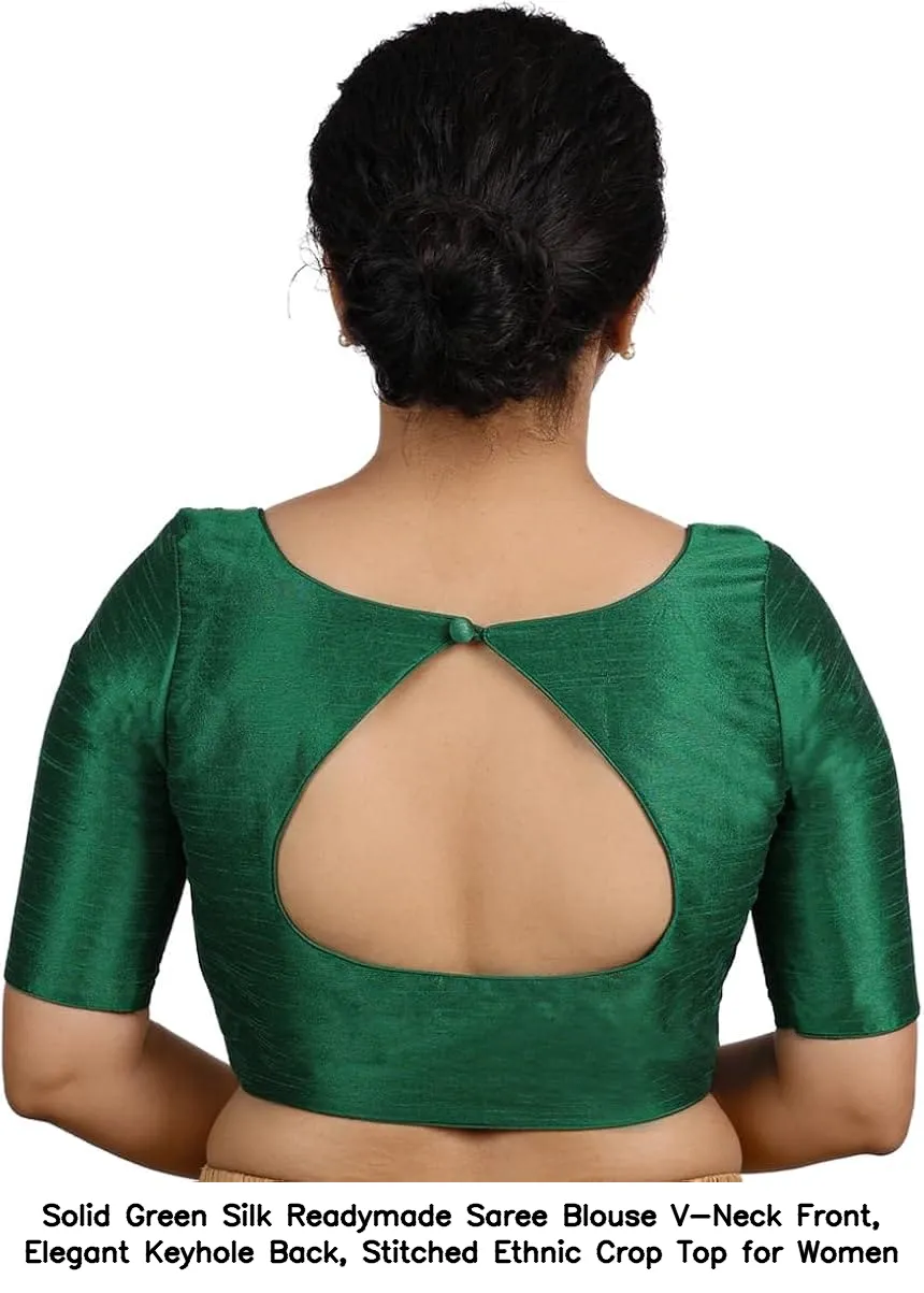 Solid Green Silk Readymade Saree Blouse – V-Neck Front, Elegant Keyhole Back, Stitched Ethnic Crop Top for Women 3