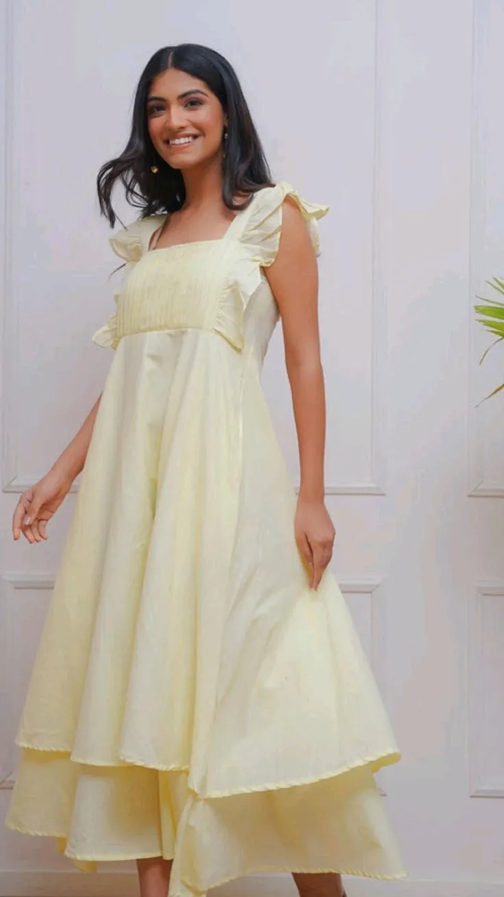 Solid Yellow Tiered Ruffle Dress for Women – Lightweight Cotton Summer Midi Dress