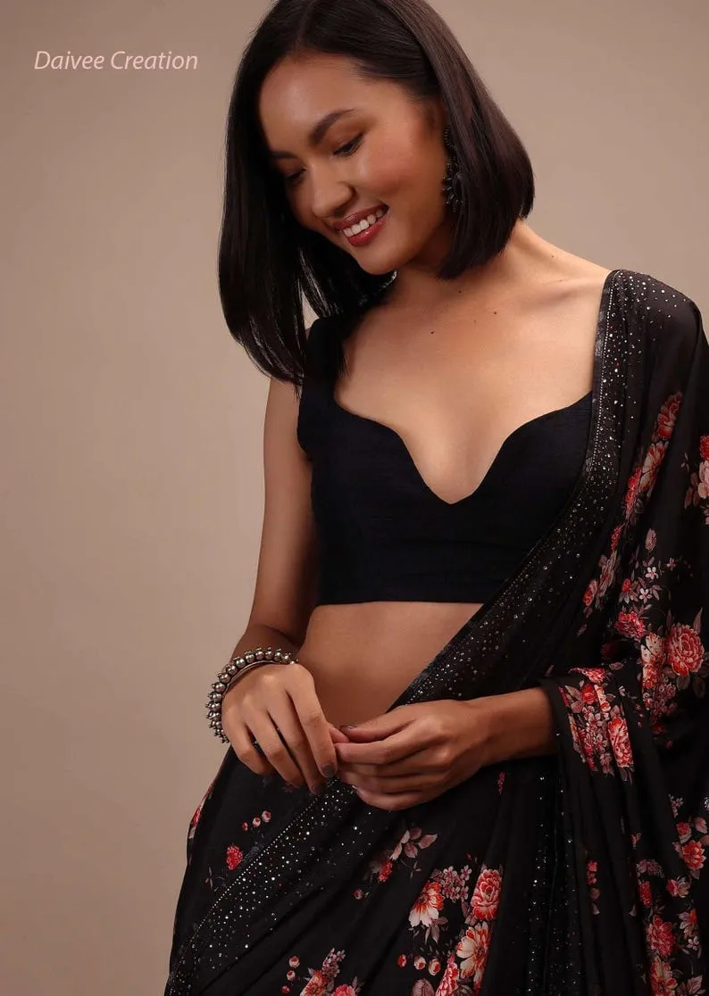 Sophisticated Black Saree Blouse | Modern Designer Ethnic Crop Top 1