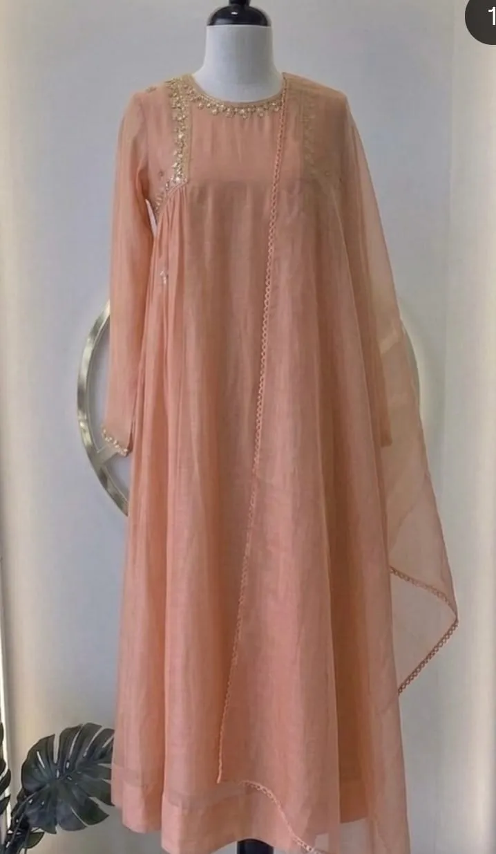 Sophisticated Peach A-Line Kurta: Featuring Fine Hand-Embroidered Yoke & Matching Dupatta 1