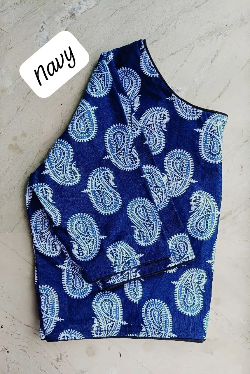 Stylish Navy Blue Designer Blouse with Traditional Paisley Pattern