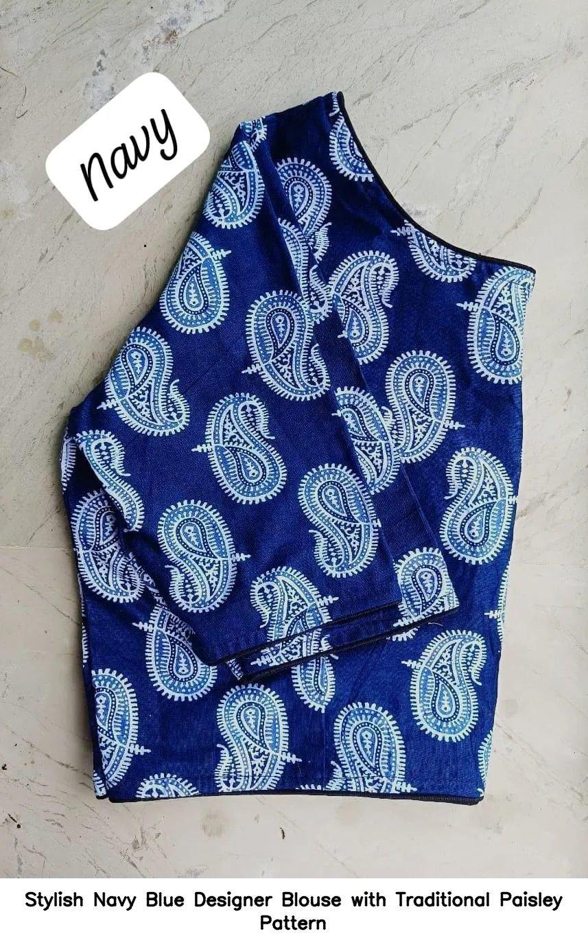 Stylish Navy Blue Designer Blouse with Traditional Paisley Pattern 2