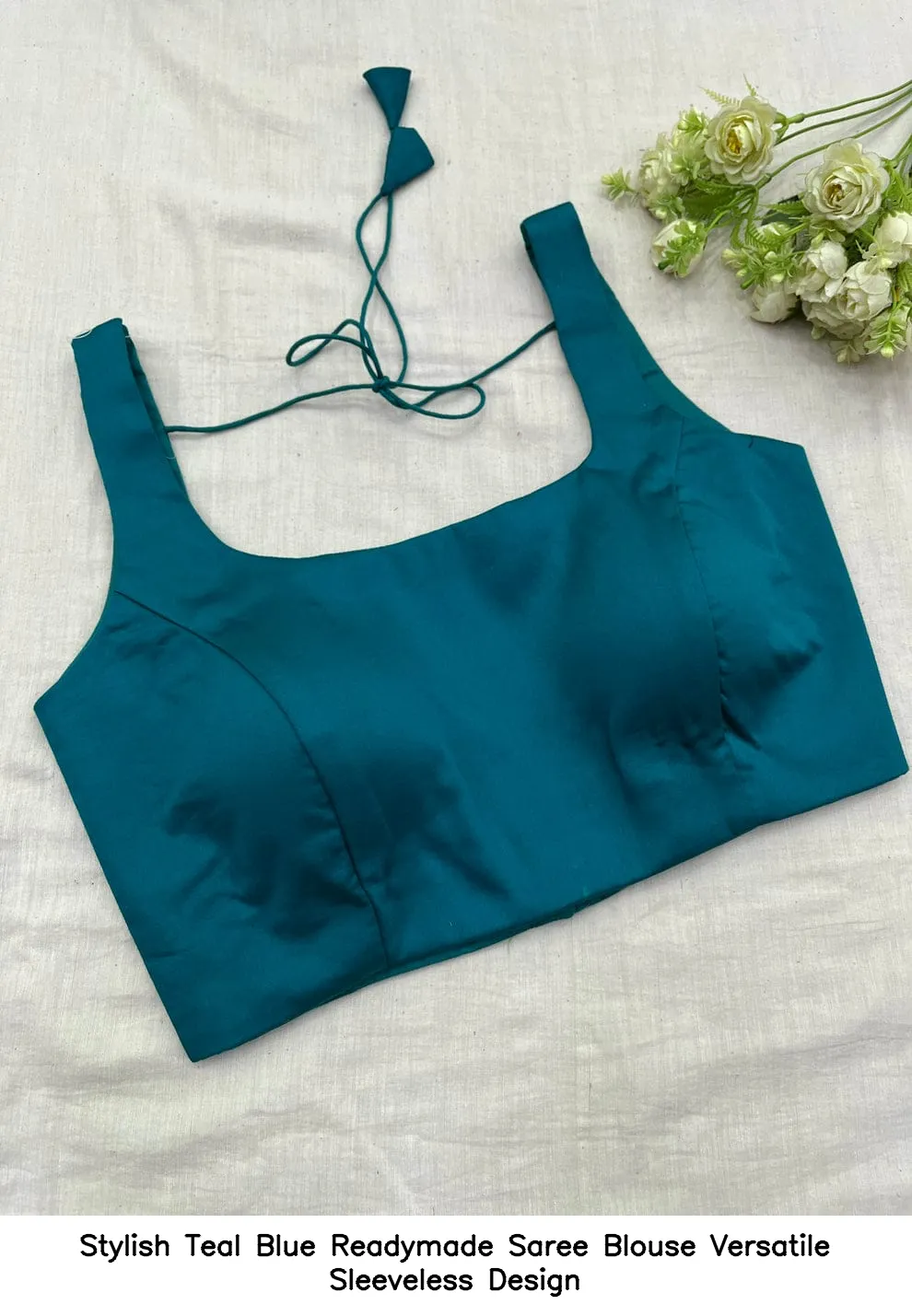 Stylish Teal Blue Readymade Saree Blouse – Versatile Sleeveless Design 2