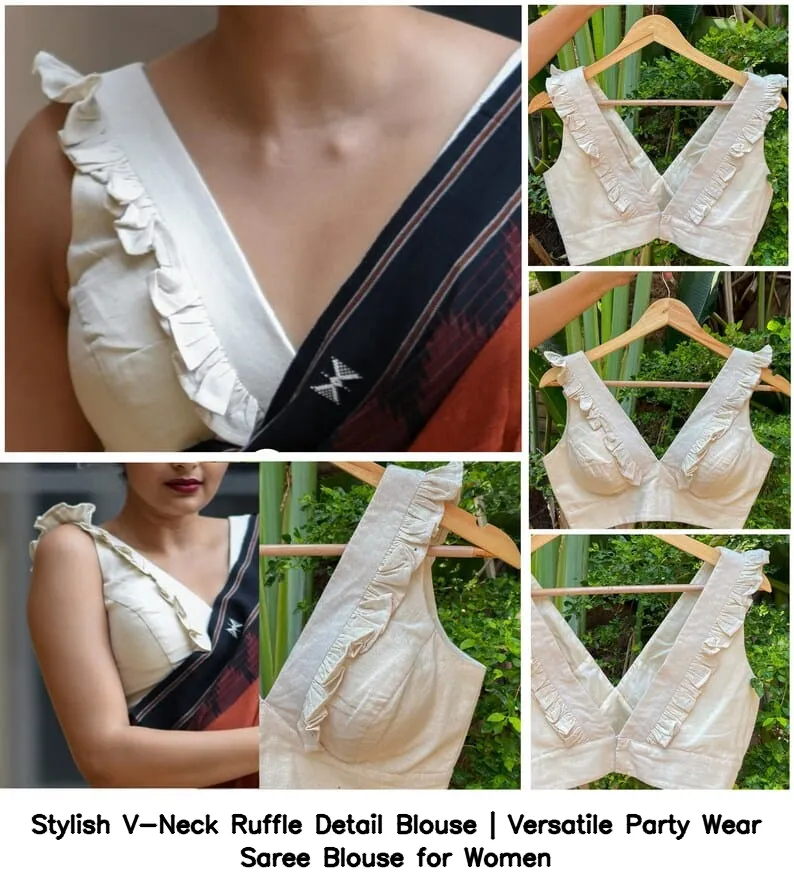 Stylish V-Neck Ruffle Detail Blouse | Versatile Party Wear Saree Blouse for Women 2