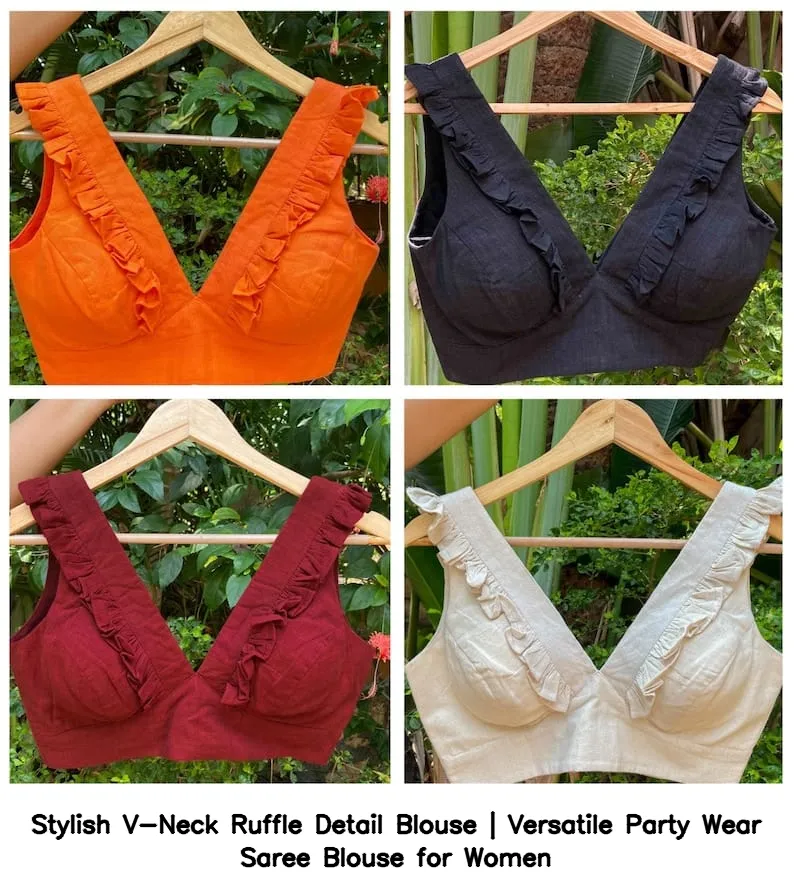 Stylish V-Neck Ruffle Detail Blouse | Versatile Party Wear Saree Blouse for Women 6