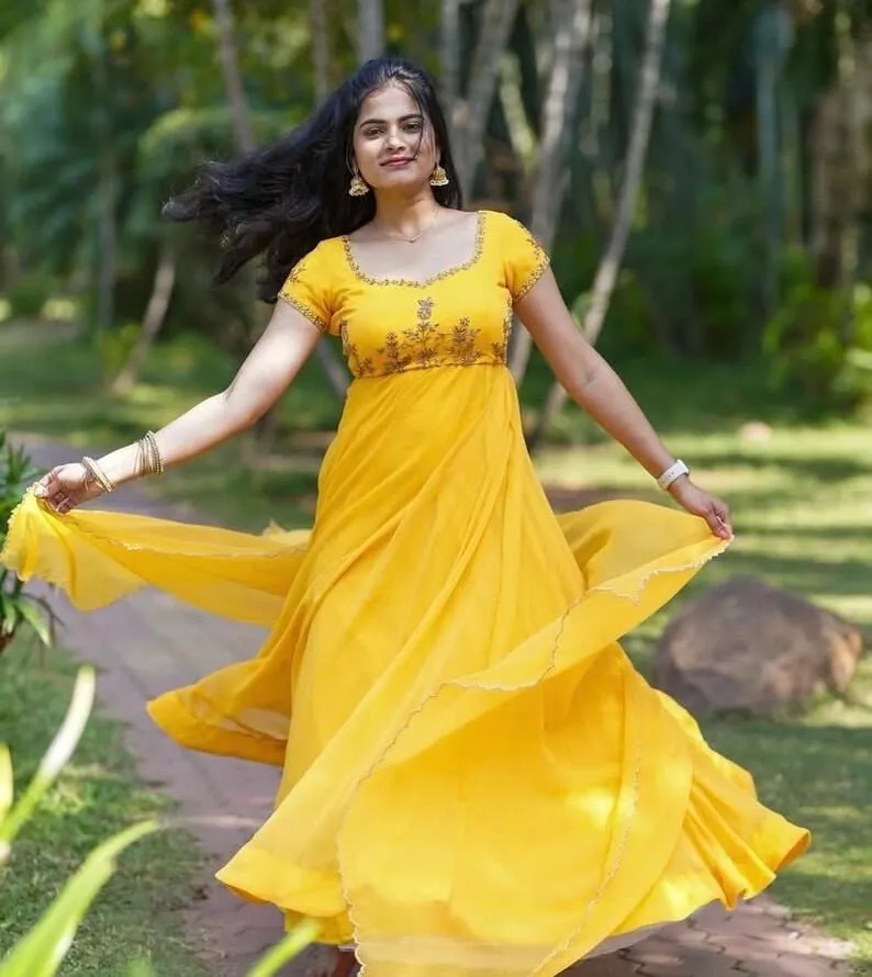 Sunshine Yellow Georgette Anarkali Suit Set | Maggam Work Yoke Long Frock with Dupatta | Haldi Ceremony & Festive Ethnic Dress 1