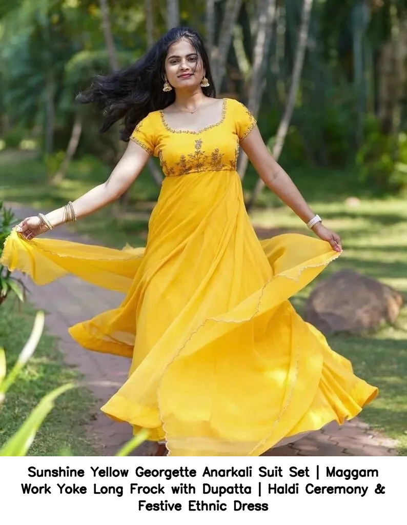 Sunshine Yellow Georgette Anarkali Suit Set | Maggam Work Yoke Long Frock with Dupatta | Haldi Ceremony & Festive Ethnic Dress 2