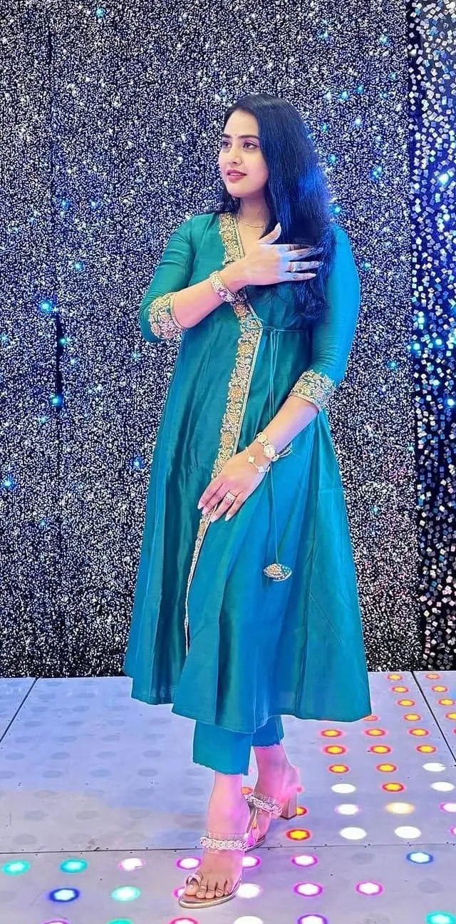 Teal Green Angrakha Style Kurti Set with Handcrafted Aari Embroidery