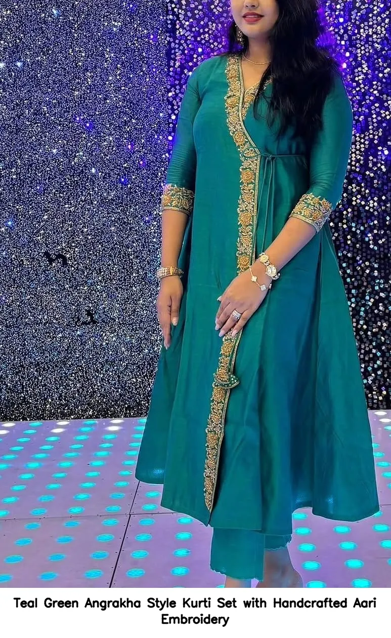 Teal Green Angrakha Style Kurti Set with Handcrafted Aari Embroidery 2