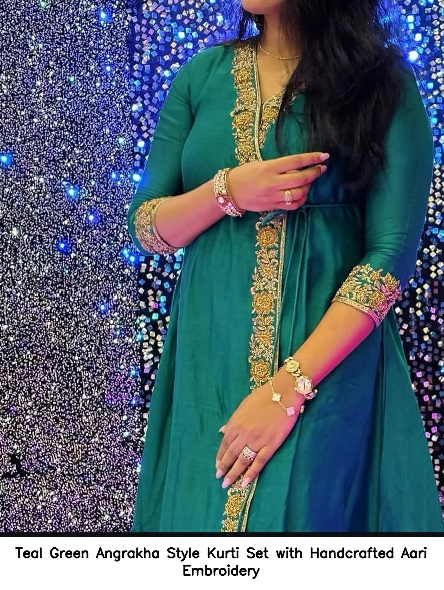 Teal Green Angrakha Style Kurti Set with Handcrafted Aari Embroidery 3