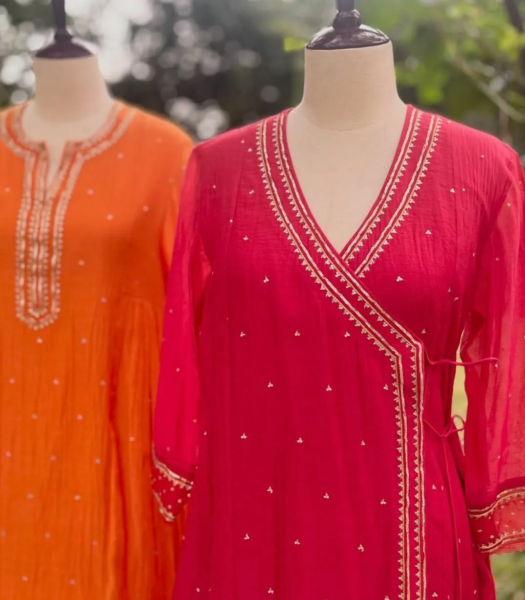 Traditional Festive Ethnic Sets Vibrant Red and Orange Hand-Crafted Kurta Outfits
