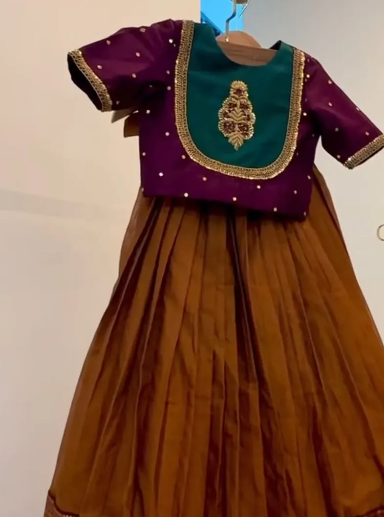 Traditional Kids Silk Lehenga Choli | Hand-Embroidered Maggam Work Blouse 1