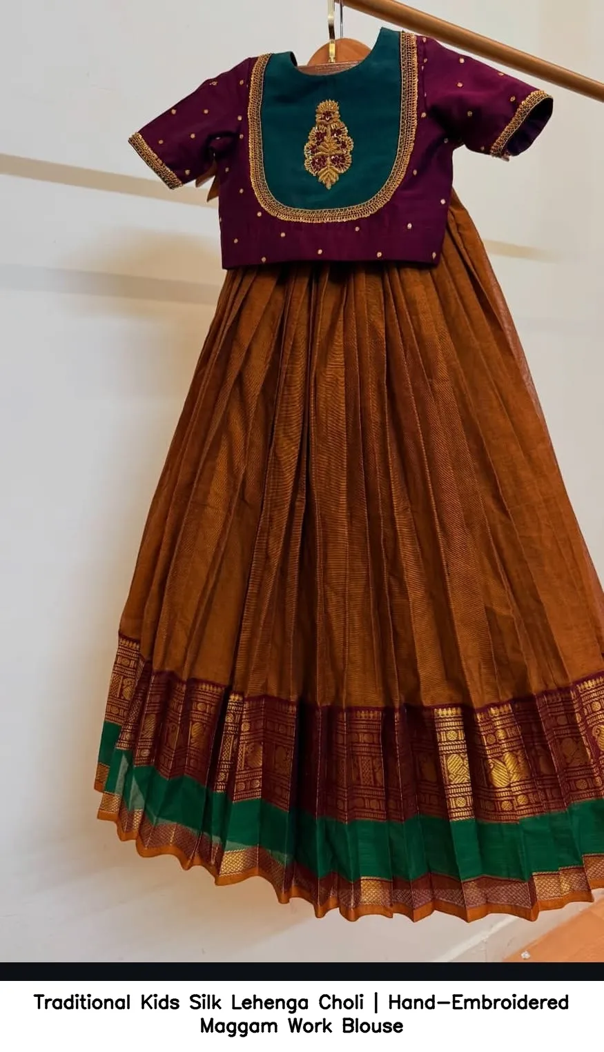 Traditional Kids Silk Lehenga Choli | Hand-Embroidered Maggam Work Blouse 2