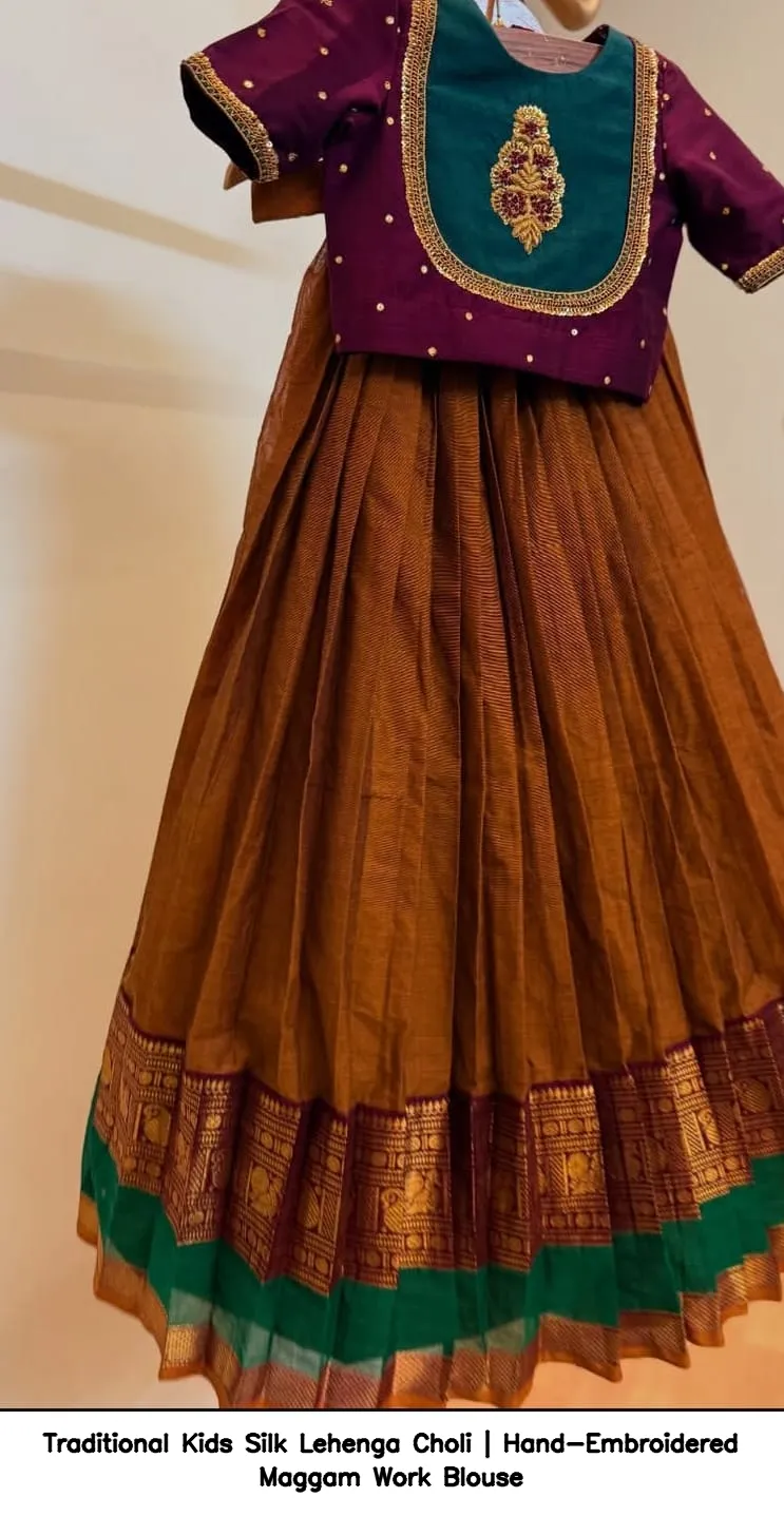 Traditional Kids Silk Lehenga Choli | Hand-Embroidered Maggam Work Blouse 3