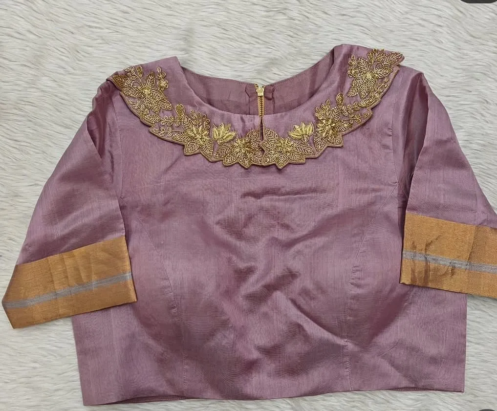 Traditional Mauve Silk Blouse with Gold Embroidery | Sophisticated Ethnic Party Wear