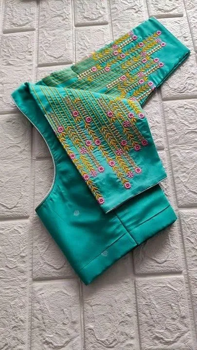 Turquoise Green Silk Blouse with Yellow Floral Embroidery & Pintuck Sleeves | Designer Saree Blouse