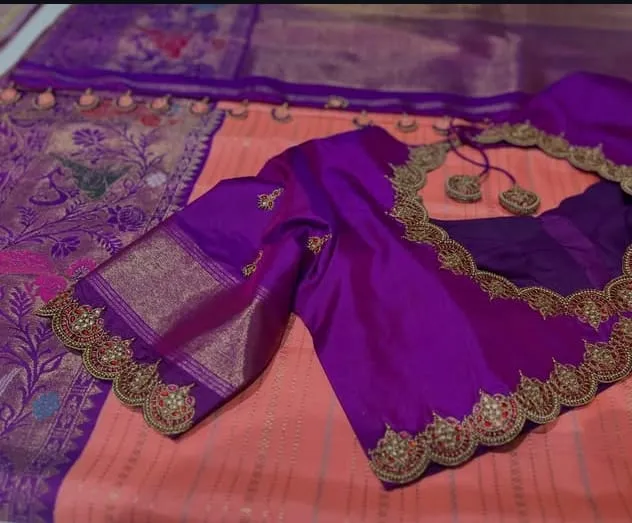 Violet Silk Saree Blouse with Scalloped Kundan Cutwork & Zari Sleeves