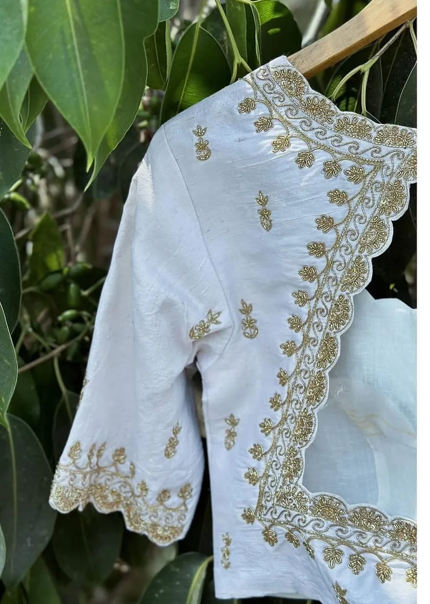 White Designer Blouse with Gold Thread Work | Handcrafted Scalloped Neck Party Wear Blouse
