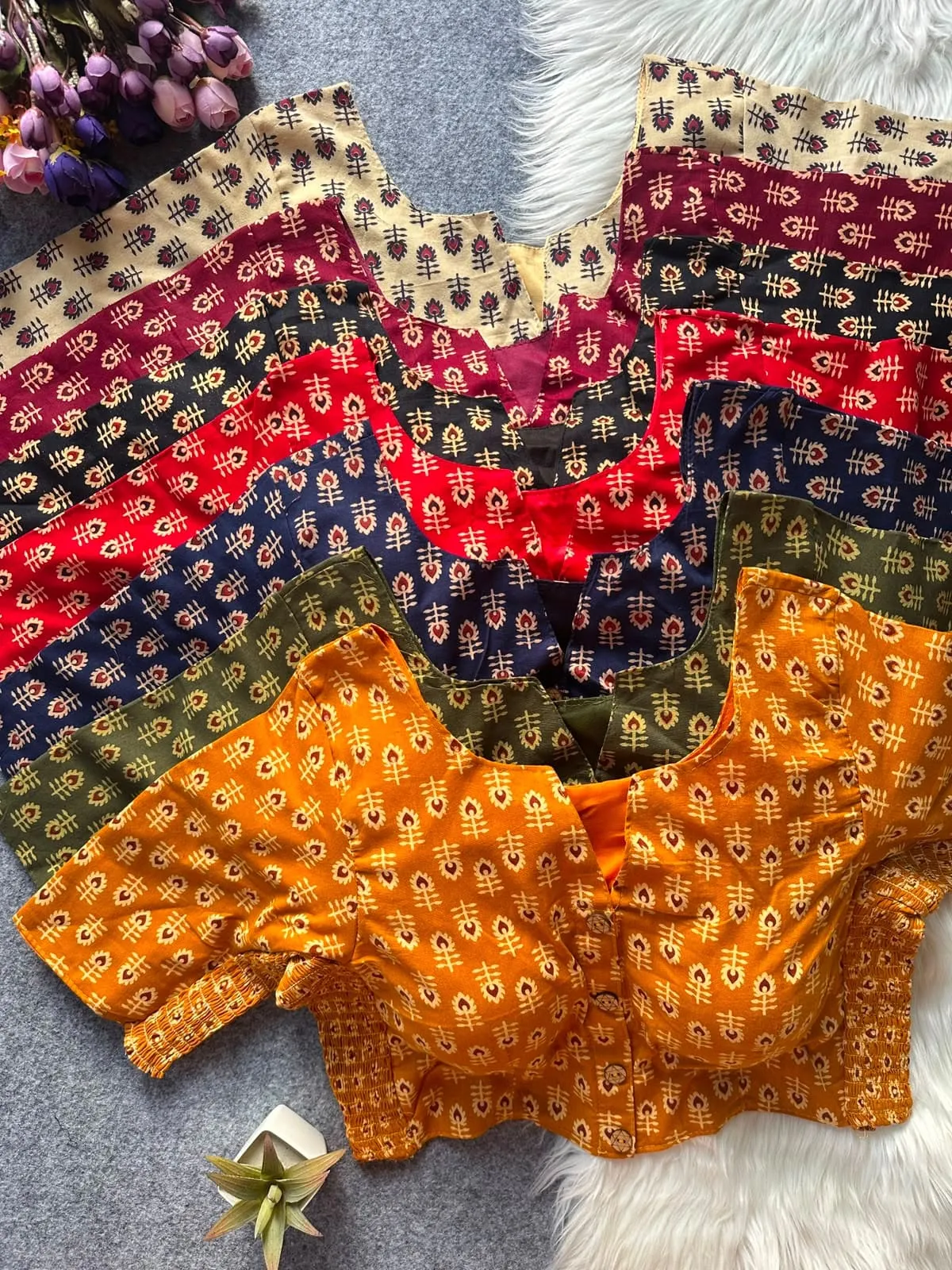 Wholesale Pure Cotton Ajrakh Print Readymade Blouse with Elastic Side Stretch | Front Hook Saree Blouses Bulk Pack
