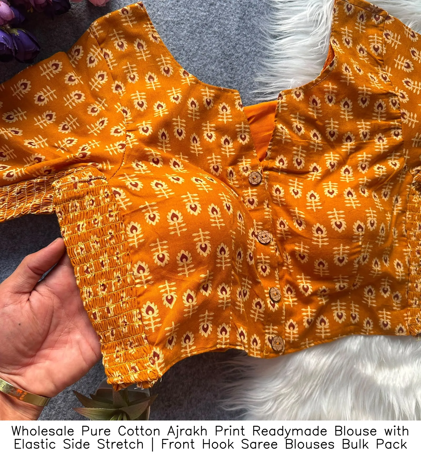 Wholesale Pure Cotton Ajrakh Print Readymade Blouse with Elastic Side Stretch | Front Hook Saree Blouses Bulk Pack 10