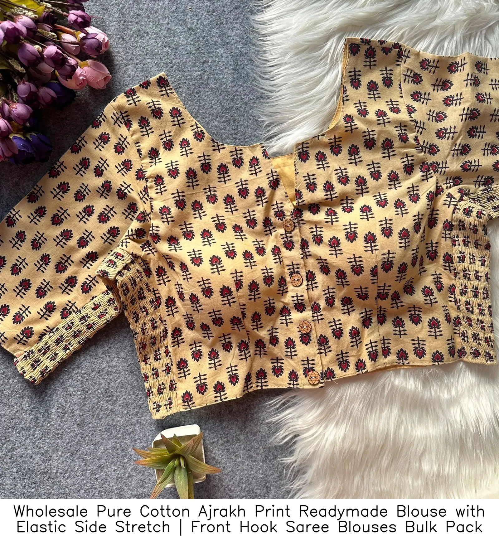 Wholesale Pure Cotton Ajrakh Print Readymade Blouse with Elastic Side Stretch | Front Hook Saree Blouses Bulk Pack 2