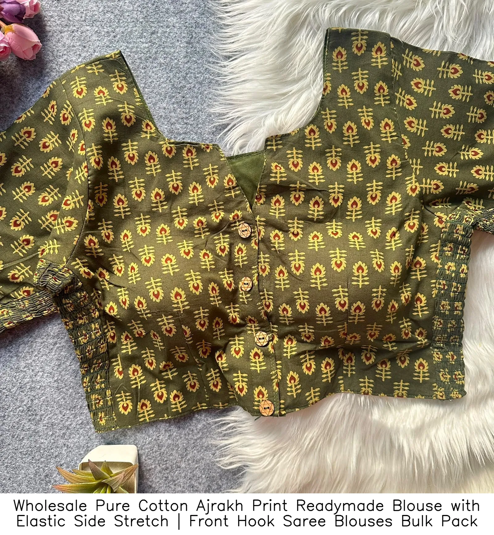 Wholesale Pure Cotton Ajrakh Print Readymade Blouse with Elastic Side Stretch | Front Hook Saree Blouses Bulk Pack 3