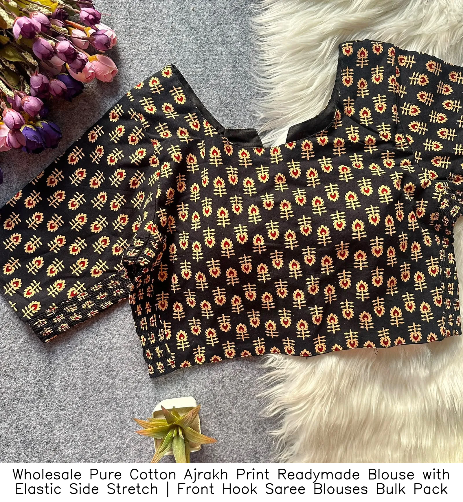 Wholesale Pure Cotton Ajrakh Print Readymade Blouse with Elastic Side Stretch | Front Hook Saree Blouses Bulk Pack 4