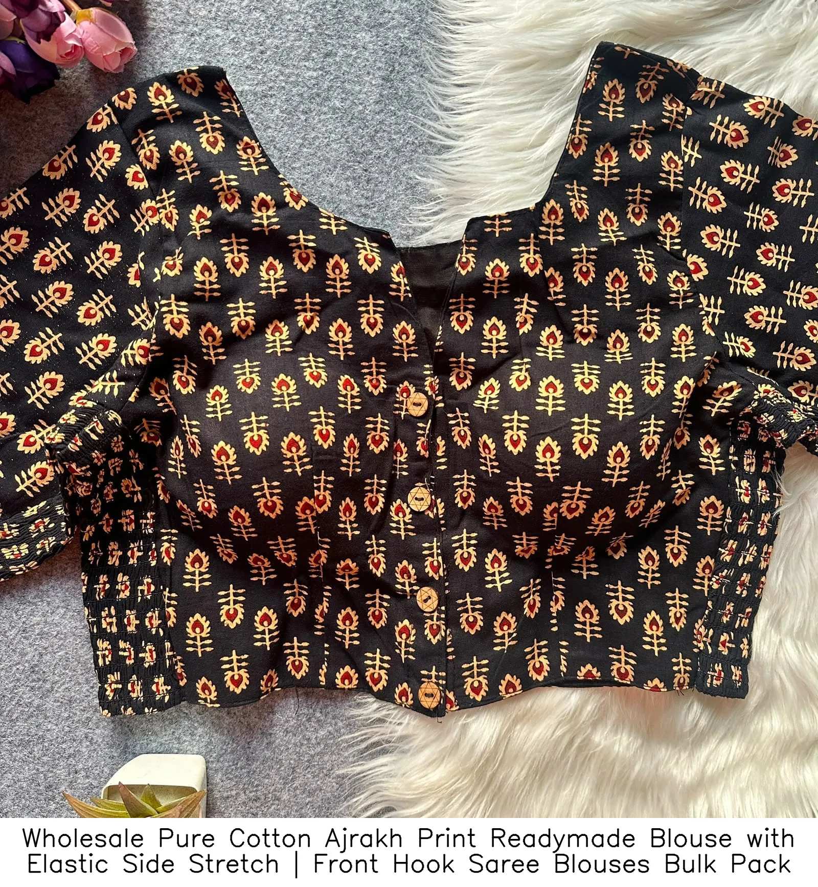 Wholesale Pure Cotton Ajrakh Print Readymade Blouse with Elastic Side Stretch | Front Hook Saree Blouses Bulk Pack 5
