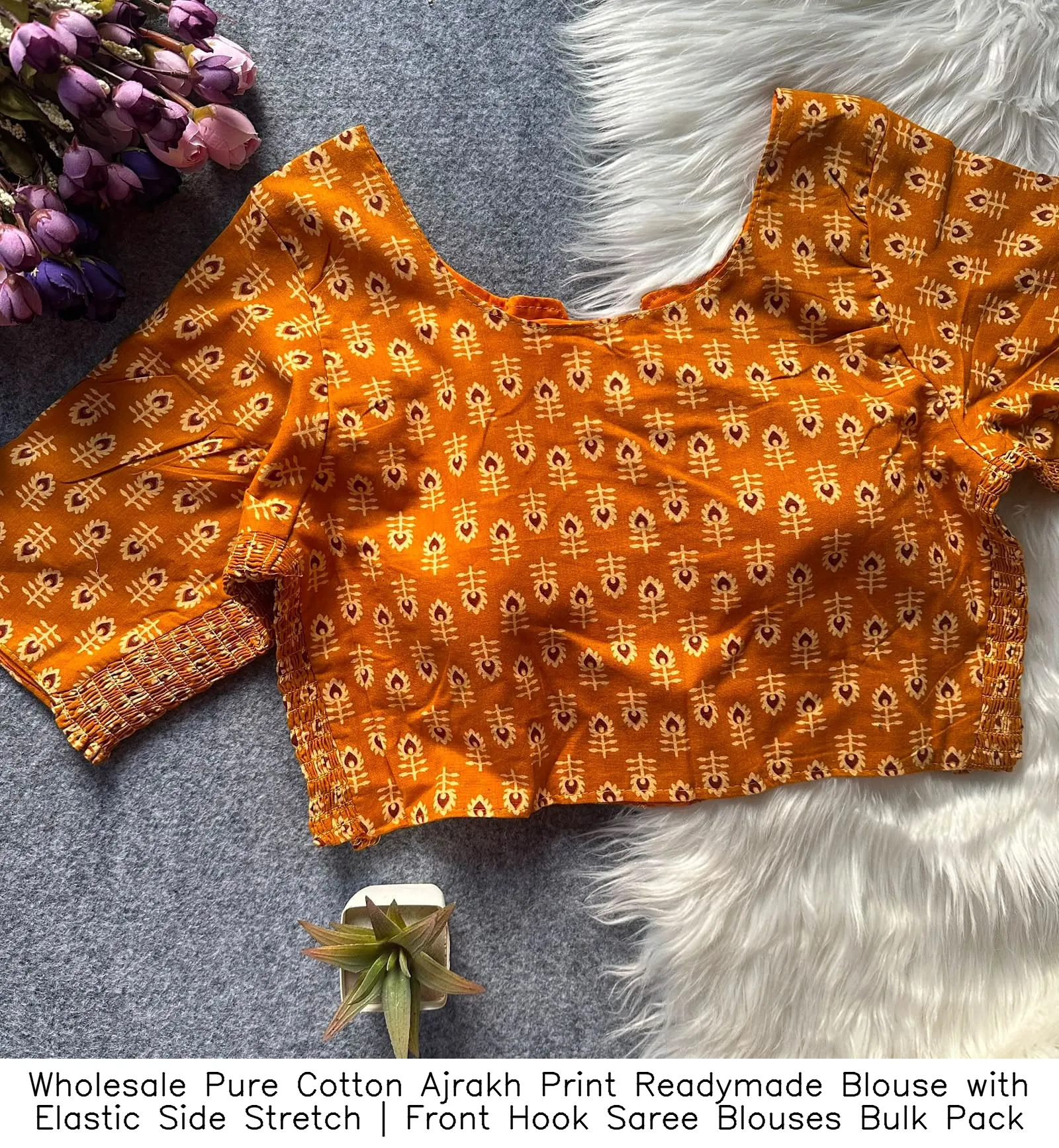 Wholesale Pure Cotton Ajrakh Print Readymade Blouse with Elastic Side Stretch | Front Hook Saree Blouses Bulk Pack 6