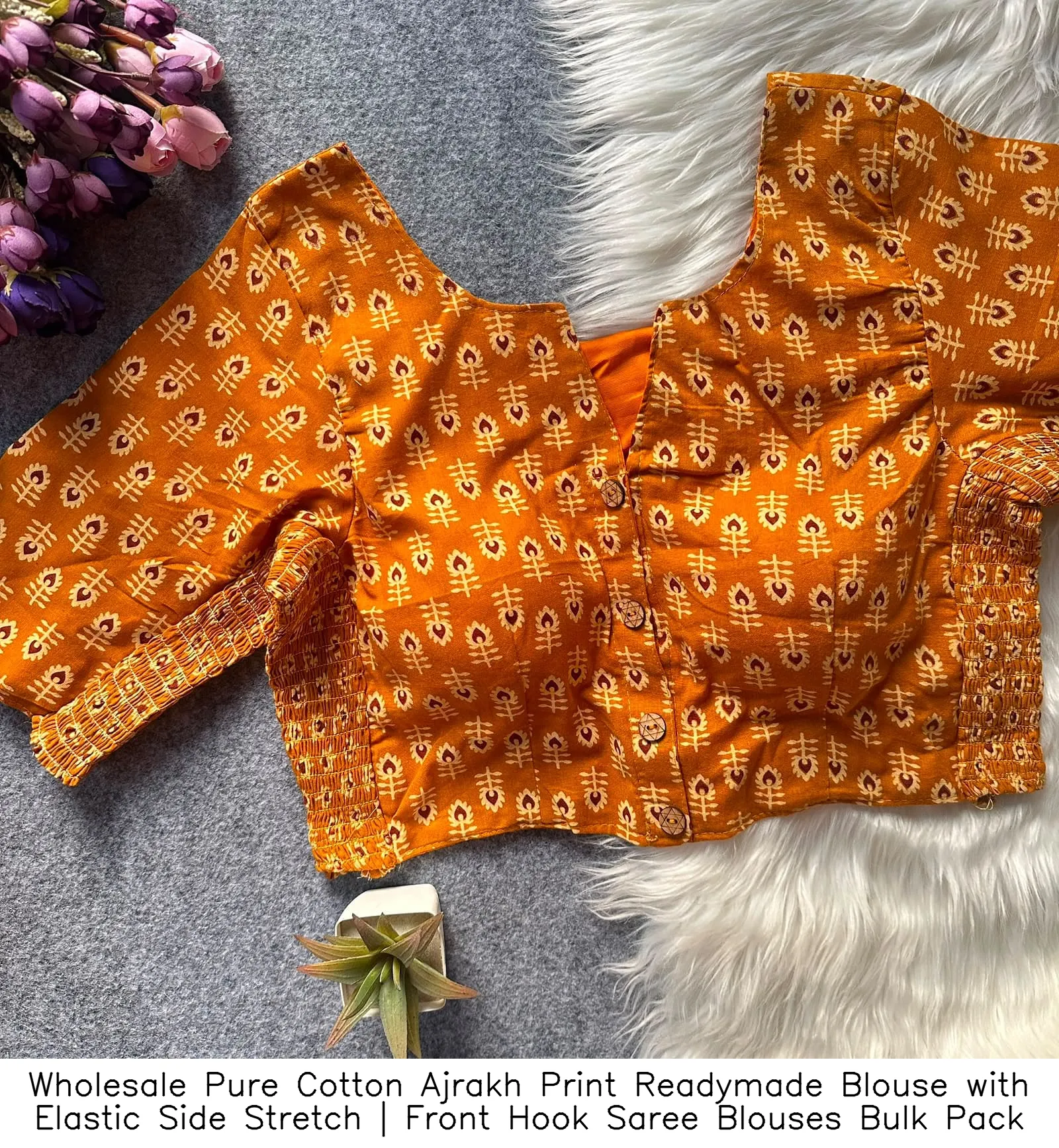 Wholesale Pure Cotton Ajrakh Print Readymade Blouse with Elastic Side Stretch | Front Hook Saree Blouses Bulk Pack 7