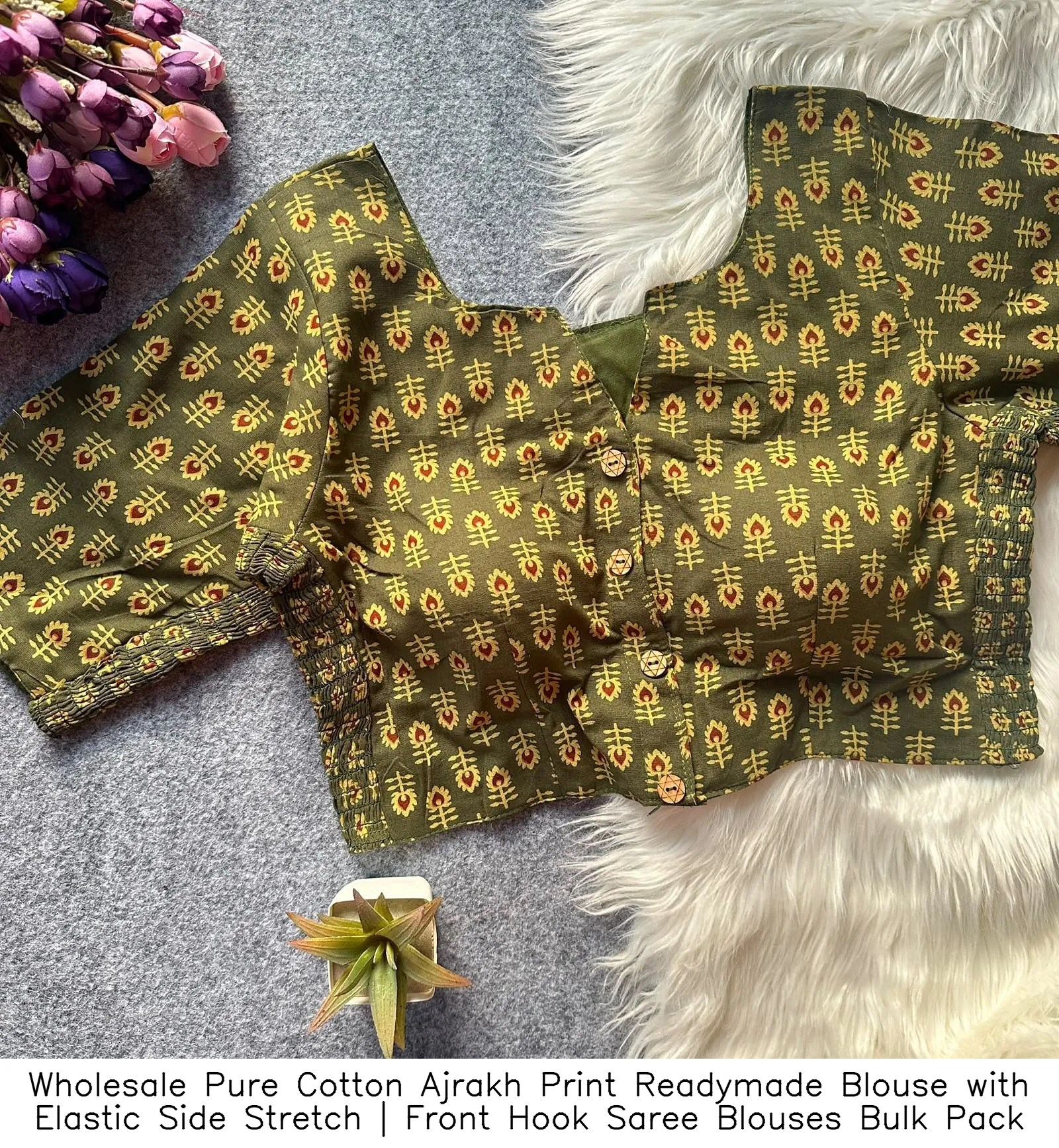 Wholesale Pure Cotton Ajrakh Print Readymade Blouse with Elastic Side Stretch | Front Hook Saree Blouses Bulk Pack 8