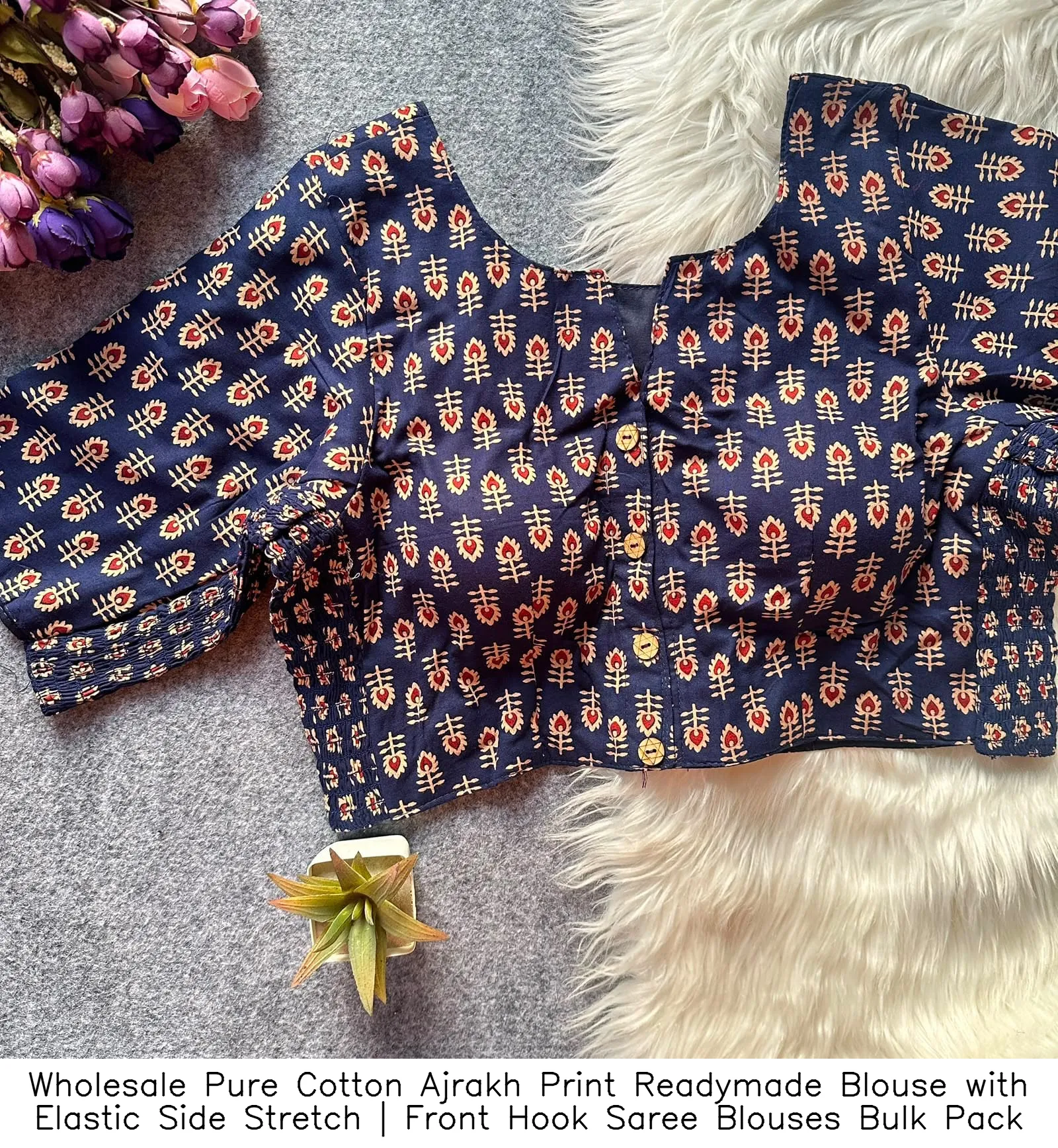 Wholesale Pure Cotton Ajrakh Print Readymade Blouse with Elastic Side Stretch | Front Hook Saree Blouses Bulk Pack 9