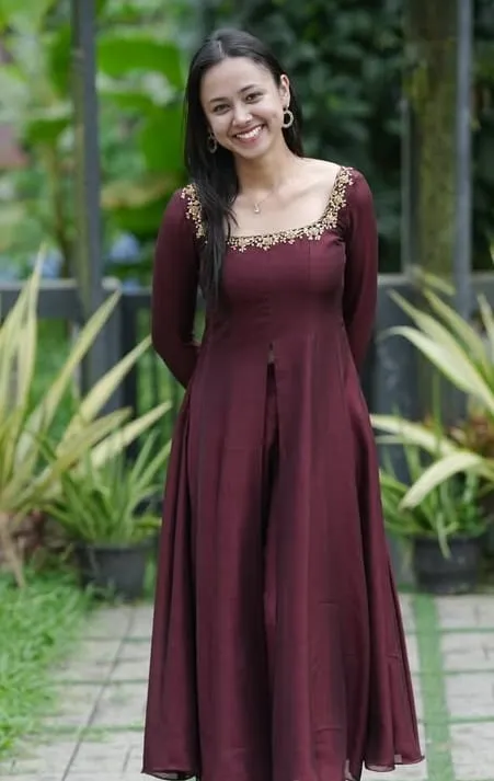 Wine Maroon Front Slit Silk Anarkali Suit Set | Hand Embroidered Neckline Kurta with Palazzo Pants | Indo Western Festive & Party Wear Outfit 1