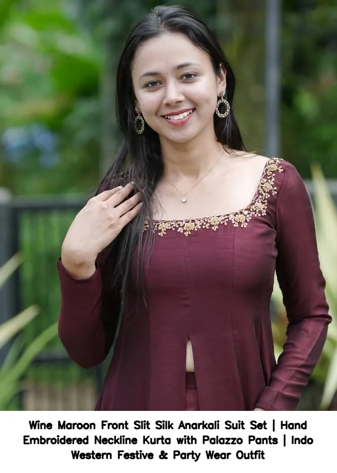 Wine Maroon Front Slit Silk Anarkali Suit Set | Hand Embroidered Neckline Kurta with Palazzo Pants | Indo Western Festive & Party Wear Outfit 2