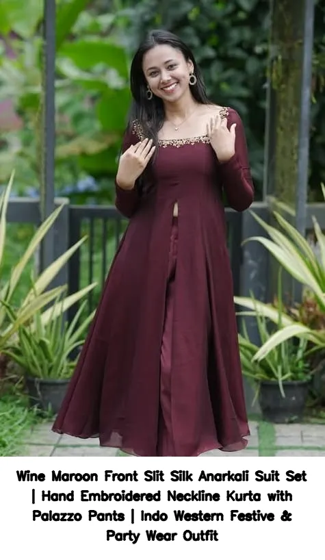 Wine Maroon Front Slit Silk Anarkali Suit Set | Hand Embroidered Neckline Kurta with Palazzo Pants | Indo Western Festive & Party Wear Outfit 3