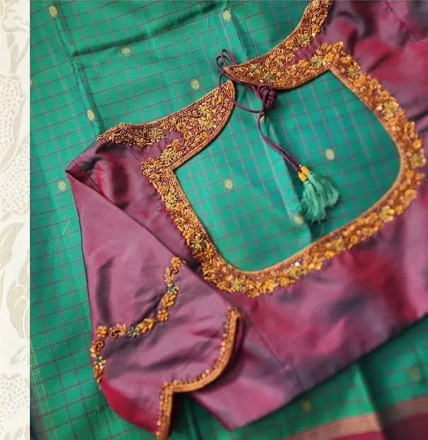Wine Maroon Silk Saree Blouse with Gold Floral Maggam Work & Tulip Sleeve | Readymade Ethnic Blouse