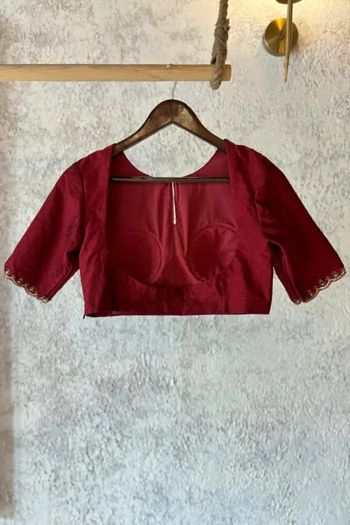 Wine Red Raw Silk Front Yoke Embroidered Blouse with Scallop Sleeves | Designer Partywear Saree Blouse