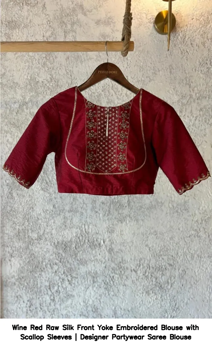 Wine Red Raw Silk Front Yoke Embroidered Blouse with Scallop Sleeves | Designer Partywear Saree Blouse 2