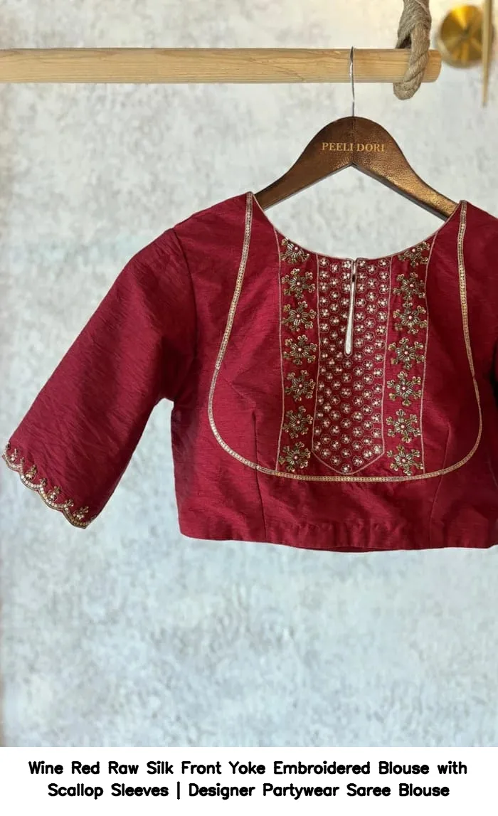Wine Red Raw Silk Front Yoke Embroidered Blouse with Scallop Sleeves | Designer Partywear Saree Blouse 3