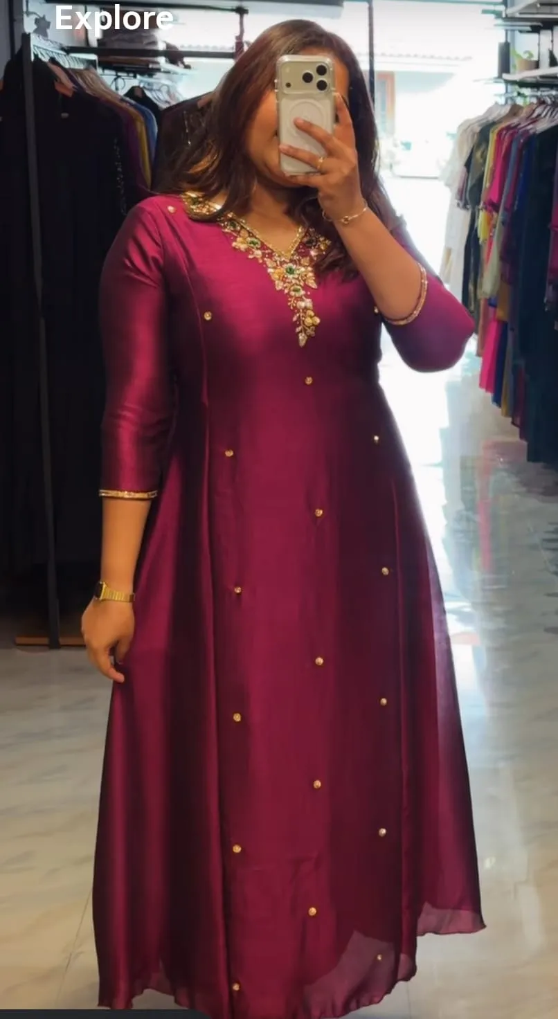 Wine Silk Anarkali Gown with Heavy Kundan & Zardosi Neckline