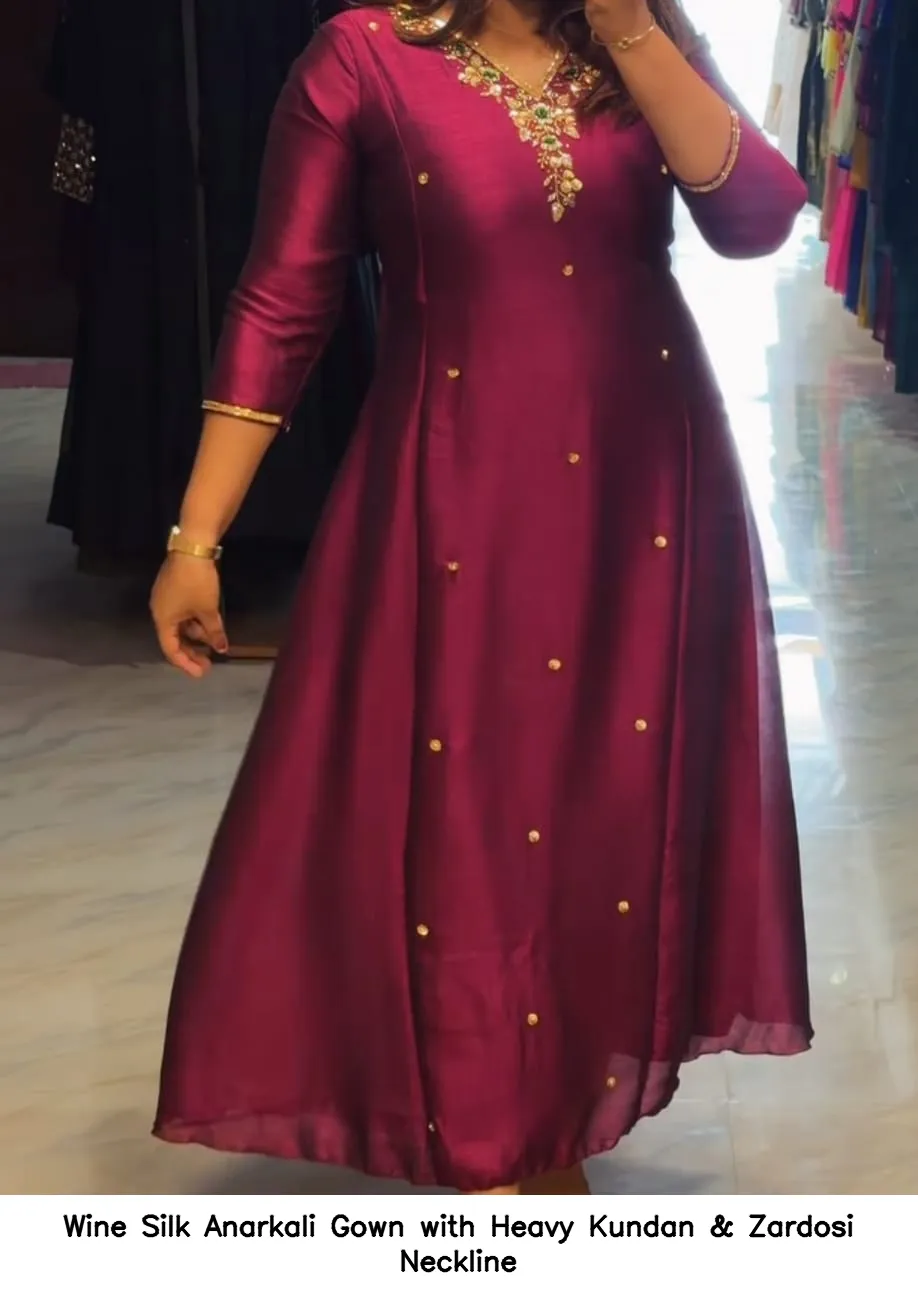 Wine Silk Anarkali Gown with Heavy Kundan & Zardosi Neckline 2