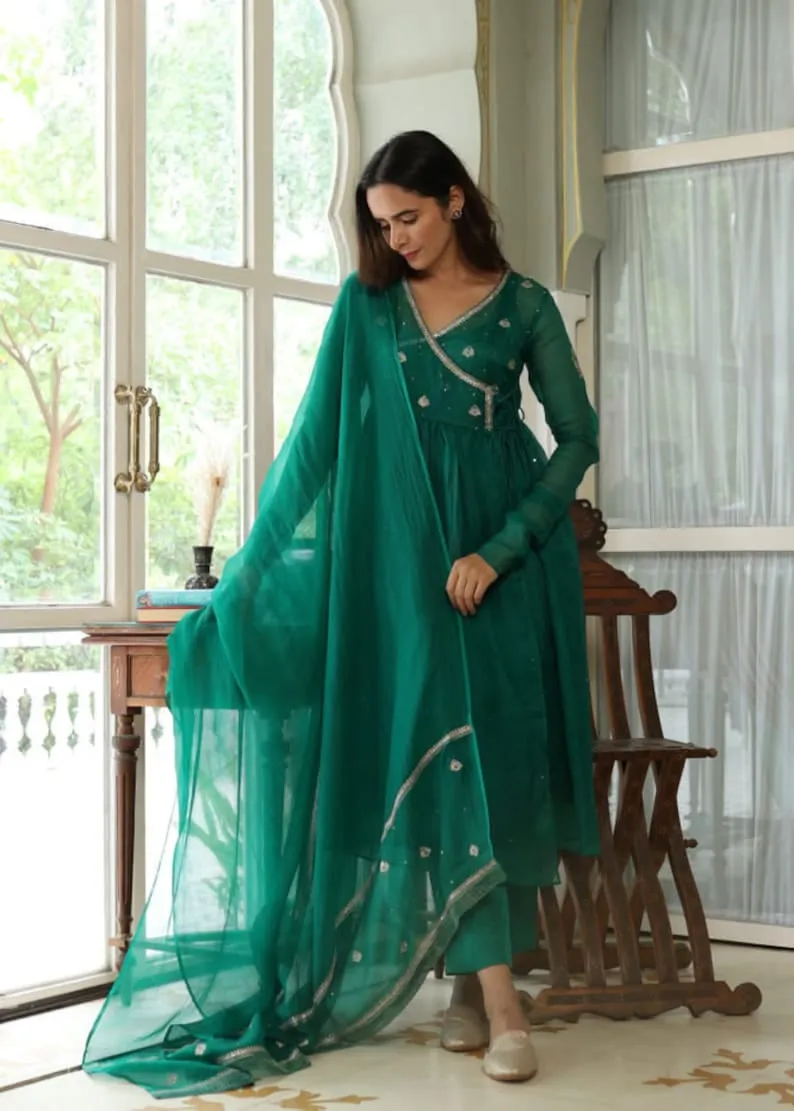 Women’s Emerald Green Angrakha Kurta Set with Sheer Organza Dupatta & Pants – Festive Wear 3-Piece Suit