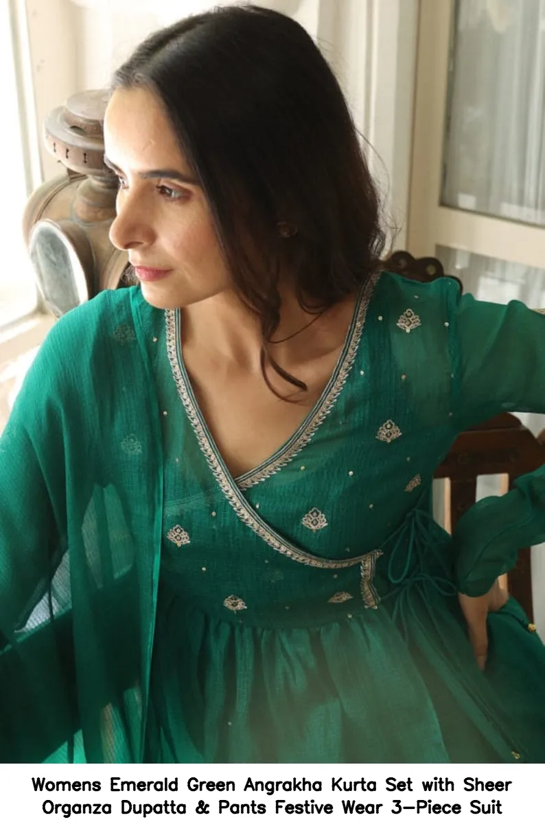 Women’s Emerald Green Angrakha Kurta Set with Sheer Organza Dupatta & Pants – Festive Wear 3-Piece Suit 2