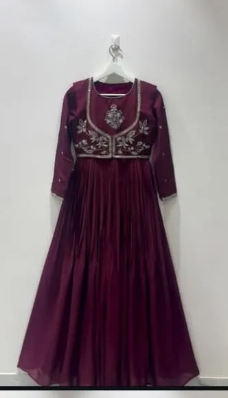 Women’s Maroon Festive Ethnic Dress with Intricate Embroidery | Full-Sleeve Floor-Length Gown