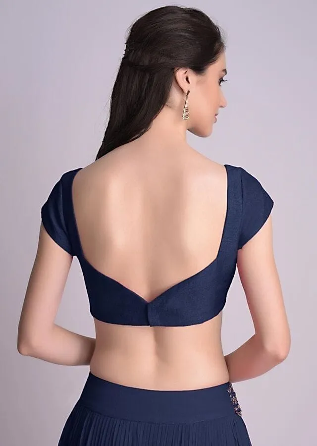 Women's Navy Blue Silk Saree Blouse – Sweetheart Neck, Cap Sleeves, Designer Ethnic Wear 1