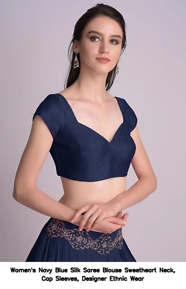 Women's Navy Blue Silk Saree Blouse – Sweetheart Neck, Cap Sleeves, Designer Ethnic Wear 2